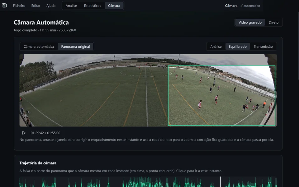 A Câmara Automática: o panorama do campo inteiro e o enquadramento escolhido pela câmara virtual.