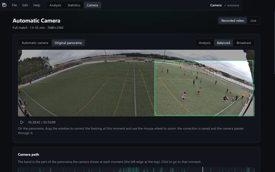 The Automatic Camera: the panorama of the whole pitch and the framing chosen by the virtual camera.